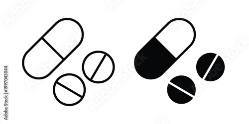 Medicine pills icon on white background editable stroke and solid flat.