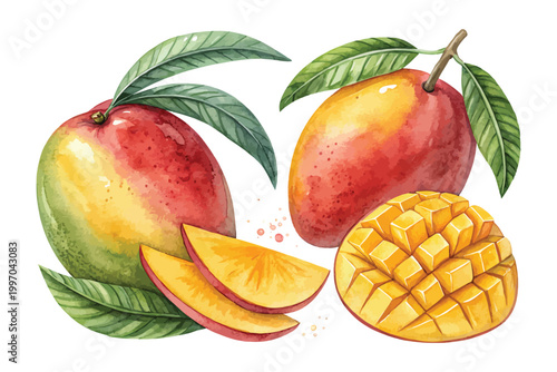 Watercolor Mango Fruit Icon, Tropical Food Clipart, illustration Isolated on White background