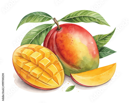 Watercolor Mango Fruit Icon, Tropical Food Clipart, Isolated on White background