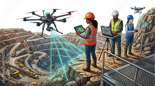 Mining Operation with Drone Surveying and Diverse Workers Utilizing Technology for Open Pit Extraction and Site Management