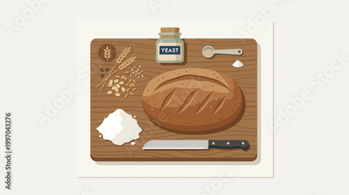 A simple flat design illustration showcasing a fresh loaf of bread accompanied by its essential baking ingredients, emphasizing natural and wholesome food.