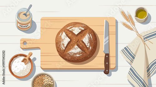 A simple flat design illustration showcasing a fresh loaf of bread accompanied by its essential baking ingredients, emphasizing natural and wholesome food.