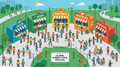 A vibrant flat design illustration depicting a bustling global street food festival, showcasing a variety of delicious international culinary delights.