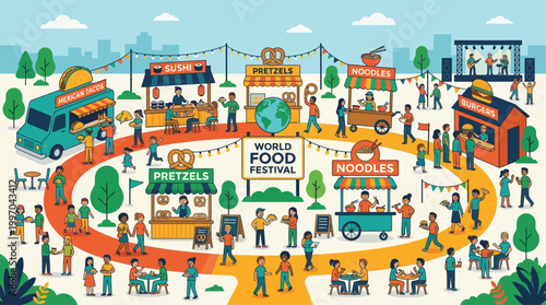A vibrant flat design illustration depicting a bustling global street food festival, showcasing a variety of delicious international culinary delights.
