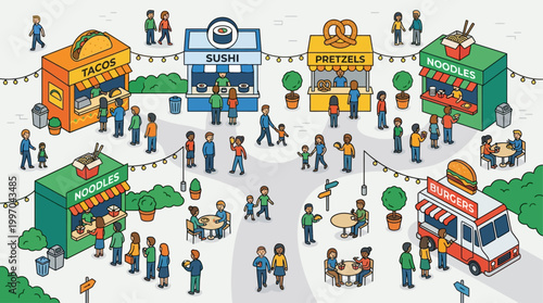 A vibrant flat design illustration depicting a bustling global street food festival, showcasing a variety of delicious international culinary delights.