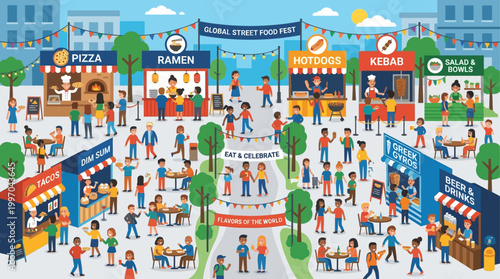 A vibrant flat design illustration depicting a bustling global street food festival, showcasing a variety of delicious international culinary delights.