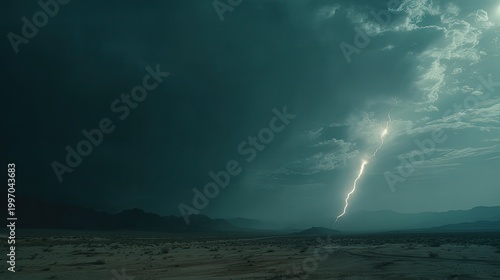 Lightning forks across dark storm clouds over a vast desert horizon, dramatic flashes revealing arid dunes and raw, powerful weather in a remote, untouched wilderness scene