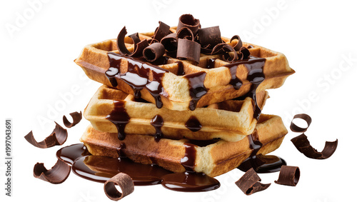 Konstfotografi Stacked golden waffles drizzled with syrup and sprinkled with dark chocolate cur