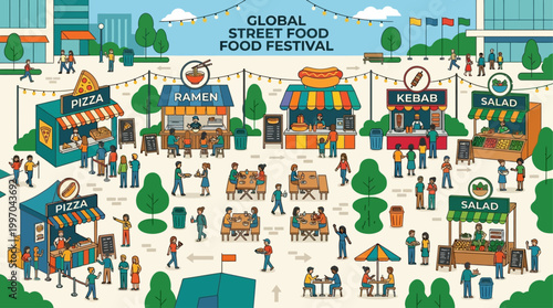 A vibrant flat design illustration depicting a bustling global street food festival, showcasing a variety of delicious international culinary delights.