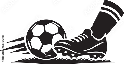 Foot kicking black and white soccer ball on grass Vector