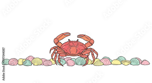 Red crab standing on colorful pebbles.