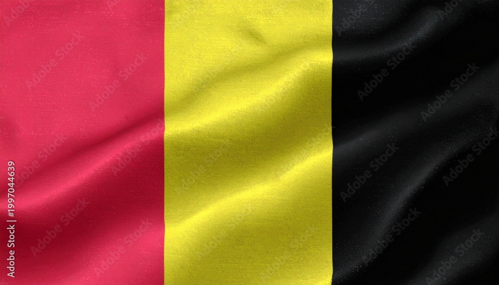 Obraz premium The Belgian flag waves with vertical black, yellow, and red stripes, symbolizing national identity, heritage, and pride, presented with motion and texture as a European emblem.
