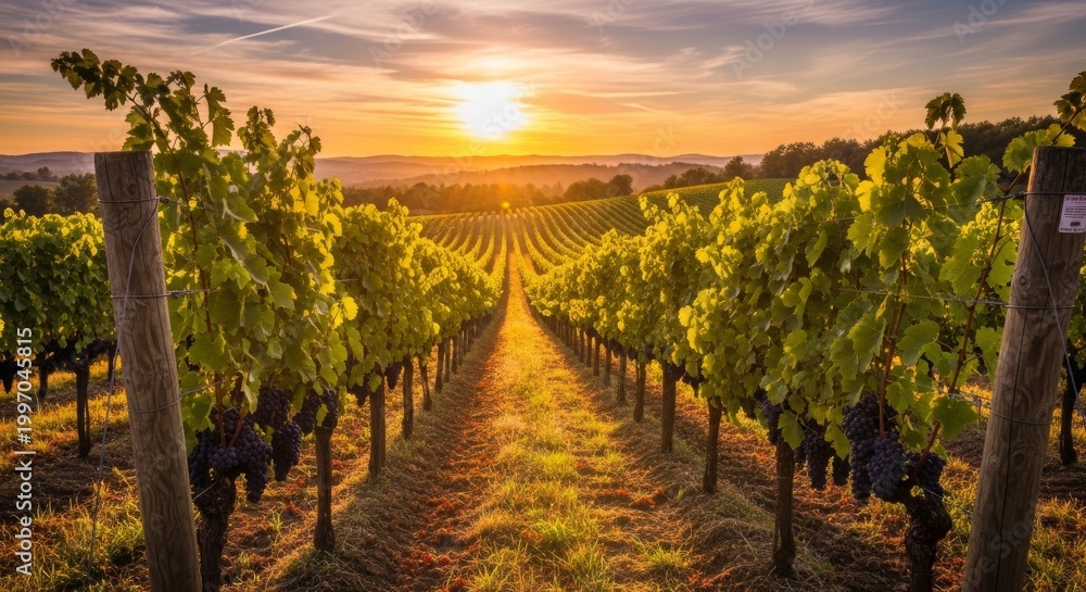 Fototapeta premium Golden Sun Drenches Vineyard Rows in Late Summer Light