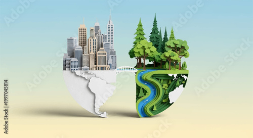 Split earth globe showing urban city landscape and lush green forest