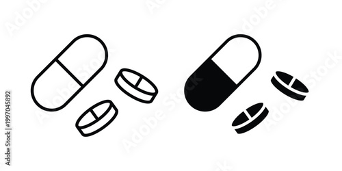 Painkiller pills icon on white background editable stroke and solid flat.