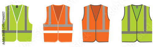 High-visibility safety vest collection, road construction reflective jackets in green, orange, and yellow colors, worker safety uniform mockup, simple modern vector design.