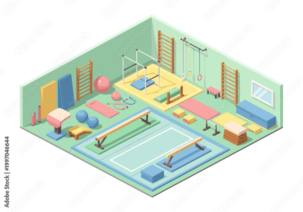 Obraz premium Isometric view of a well-equipped gymnastics training facility with various apparatus