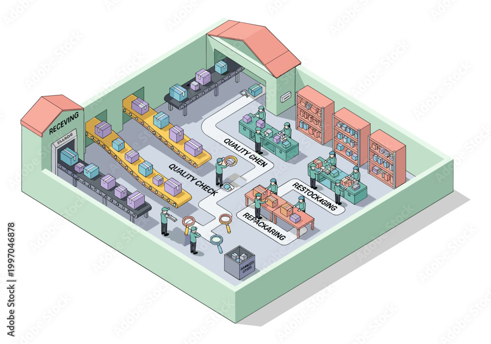 Obraz premium Isometric warehouse logistics process with workers on conveyor belts and workstations