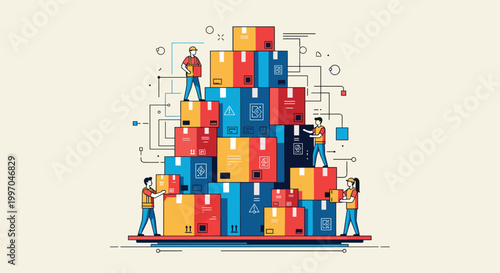 Warehouse staff and logistics workers organize a massive stack of colorful shipping boxes in a delivery facility.