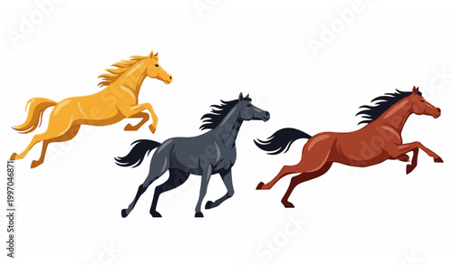 Minimalist Running Horse Trio Vector with Colorful Galloping Equine Animals