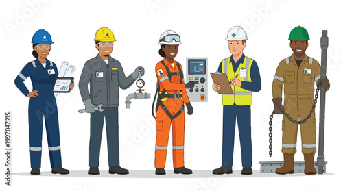 Diverse Industrial Workers Team Vector Illustration Oil and Gas Industry Professionals Safety Equipment