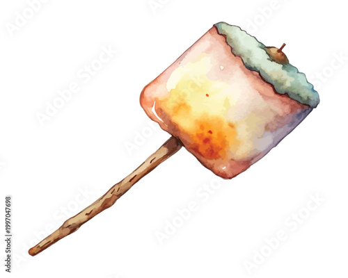 Hand-Painted Marshmallow on Stick Icon, Camping Snack Watercolor Clipart, Isolated Vector Illustration