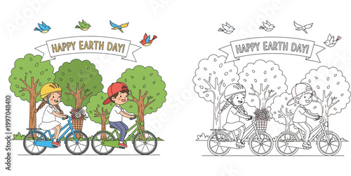 Happy Earth Day! Kids Biking in Park with Trees and Birds - Environmental Care Cartoon Vector