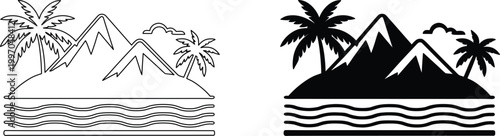 Island landscape with palm trees and mountain peaks on ocean waves line art illustration.