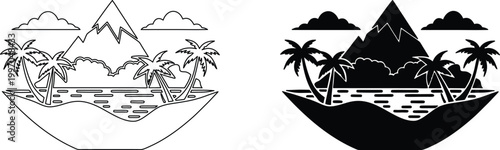 Island landscape with palm trees clouds and mountain range for summer travel illustrations.
