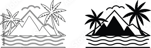 Graphic illustration of a mountain peak near the sea with palm trees and stylized clouds.