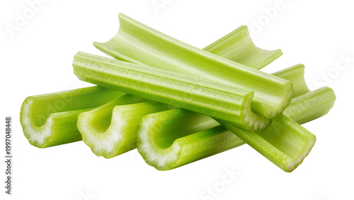 Fresh green celery stalks arranged diagonally on surface