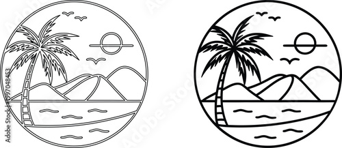 Minimalist circular line art tropical beach landscape design with palm trees and a sunset.