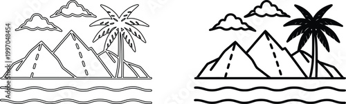 Landscape illustration of a mountain road with palm trees and fluffy clouds over the ocean.