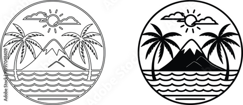 Mountain landscape with palm trees and sun in round badge for tropical summer vacation.