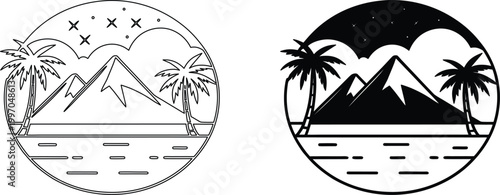 Night landscape with stars and volcano and palm trees in round badge vector graphic set.