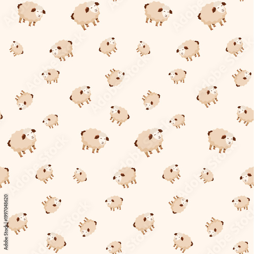 Cute Cartoon Sheep Seamless Pattern Background - Flat Vector Illustration of Happy Lambs for Nursery, Textiles, and Wallpaper Design