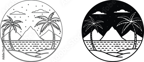 Palm trees on beach with mountains and ocean view line art icon.