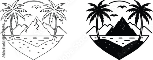 Summer tropical beach scene with palm trees and mountains vector set for creative designs.