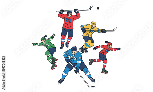 Ice hockey and roller derby players in action on white background