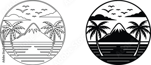 Tropical island illustration with mountain landscape and palm trees at scenic ocean view.