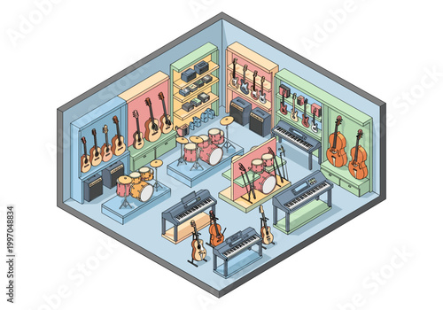 Isometric view of a music store filled with various instruments and equipment