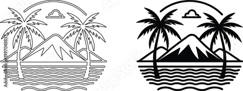 Tropical island landscape design with palm trees and mountain view under simple cloud icon.