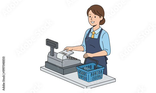 Cashier Scanning Barcode at Supermarket Checkout Counter Illustration