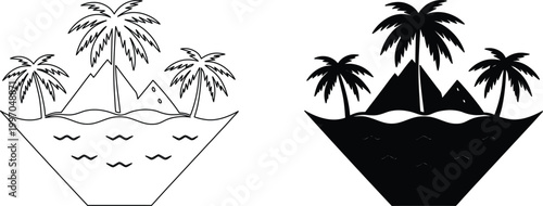 Tropical island paradise vector illustration with palm trees and mountains graphic design.