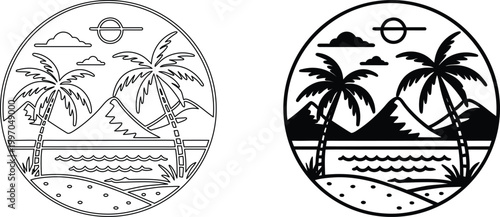 Tropical island scene with palm trees and volcano in circular frame for summer branding.