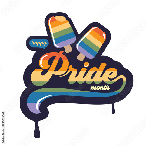 happy Pride month sticker with rainbow ice cream popsicles isolated on white. Groovy retro PRIDE MONTH lettering, colorful stripes, and black liquid drips. LGBTQ support graphic logo design template