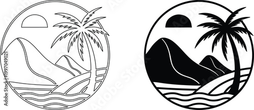 Tropical island paradise with palm trees ocean sunset and mountains line art and silhouette.