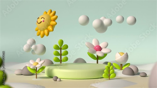 Pastel Cartoon Garden Podium Scene