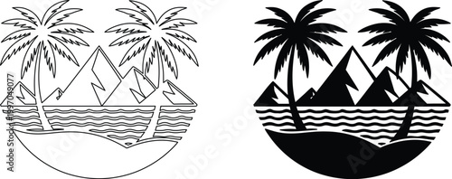 Tropical island scene with palm trees mountains ocean and beach filled circle.