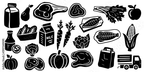 Solid Food Elements Set. Black Silhouette Collection of Grocery, Farm Products and Delivery Items.